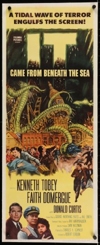 2j064 IT CAME FROM BENEATH THE SEA linen insert 1955 Ray Harryhausen, tidal wave of terror, cool art!