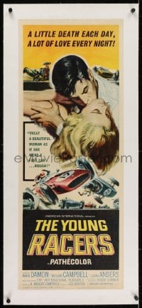 2j074 YOUNG RACERS linen insert 1963 a little death each day, a lot of love every night, cool art!