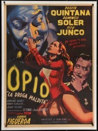 2j232 OPIO linen Mexican poster 1949 art of Rosita Quintana kneeling by her drug dealer, ultra rare!