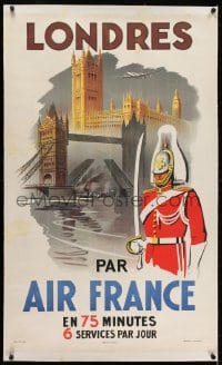 2j182 AIR FRANCE LONDRES linen 24x39 French travel poster 1948 Falcucci art of Parliament & bridge!