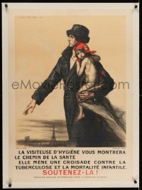 2j202 SOUTENEZ - LA linen 23x32 French WWI poster 1917 Leroux art of woman with tubercular child!