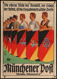 2k114 MUNCHENER POST 32x44 German newspaper poster 1928 Wunsch art of craftsmen w/iron shields!