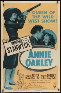 2p047 ANNIE OAKLEY style A 1sh R1952 Barbara Stanwyck with rifle is queen of the wild west!