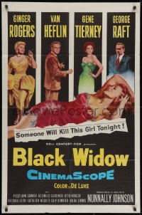 2p098 BLACK WIDOW 1sh 1954 Ginger Rogers, Gene Tierney, Van Heflin, George Raft, sexy art!