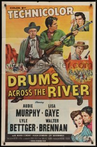 2p237 DRUMS ACROSS THE RIVER 1sh 1954 Audie Murphy in an empire of savage hate, cool art!