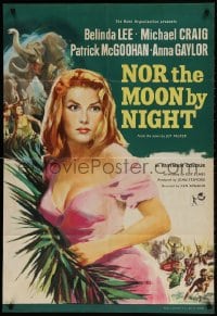 2p633 NOR THE MOON BY NIGHT English 1sh 1959 art of sexy Belinda Lee & Michael Craig in Africa!