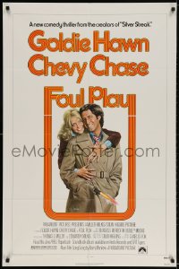 2p303 FOUL PLAY 1sh 1978 wacky Lettick art of Goldie Hawn & Chevy Chase, screwball comedy!