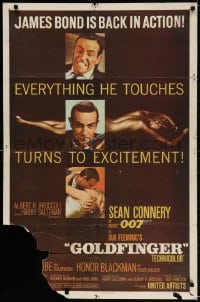 2p348 GOLDFINGER 1sh 1964 three great images of Sean Connery as James Bond 007 with a flat finish!
