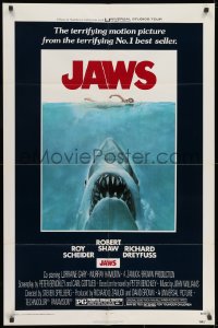 2p479 JAWS 1sh 1975 art of Steven Spielberg's classic man-eating shark attacking swimmer!