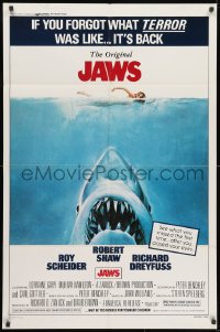 2p480 JAWS 1sh R1979 Steven Spielberg's classic man-eating shark attacking sexy swimmer!