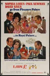 2p507 LADY L style A 1sh 1966 cool art of sexy Sophia Loren, Paul Newman & David Niven in bed!