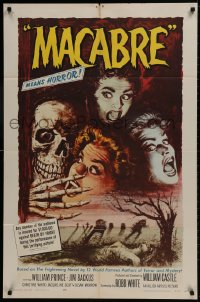 2p551 MACABRE 1sh 1958 William Castle, Besser art of skeleton & screaming babes in graveyard!