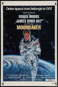 2p604 MOONRAKER int'l 1sh 1979 art of Roger Moore as James Bond in space by Daniel Goozee!