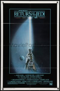 2p729 RETURN OF THE JEDI 1sh 1983 George Lucas, art of hands holding lightsaber by Reamer!