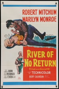 2p738 RIVER OF NO RETURN 1sh R1961 intense art of Robert Mitchum holding down sexy Marilyn Monroe!
