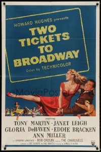 2p924 TWO TICKETS TO BROADWAY 1sh 1951 great artwork of Janet Leigh & Tony Martin, Howard Hughes!
