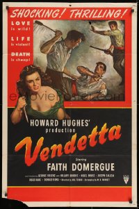 2p939 VENDETTA style B 1sh 1950 Howard Hughes, art of sexy bad girl Faith Domergue holding knife!