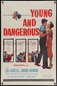 2p994 YOUNG & DANGEROUS 1sh 1957 hot-rod guys tangling over juke box cuties, parents don't get it!