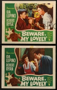 2r726 BEWARE MY LOVELY 3 LCs 1952 film noir, Ida Lupino is trapped by Robert Ryan!