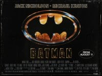 2t242 BATMAN teaser British quad 1989 directed by Tim Burton, cool image of Bat logo, version with old credits!