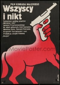 2t583 WSZYSCY I NIKT Polish 27x38 1978 cool art of red horse with hand holding gun as head by Socha