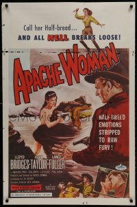 2w614 APACHE WOMAN 1sh 1955 art of naked cowgirl in water pointing gun at Lloyd Bridges!