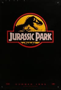 2w792 JURASSIC PARK teaser 1sh 1993 Steven Spielberg, classic logo with T-Rex over yellow background