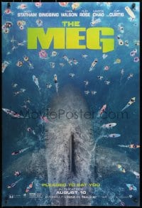 2w832 MEG teaser DS 1sh 2018 image of giant megalodon and terrified swimmers, pleased to eat you!