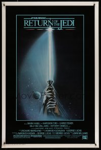2w897 RETURN OF THE JEDI 1sh 1983 George Lucas, art of hands holding lightsaber by Tim Reamer!