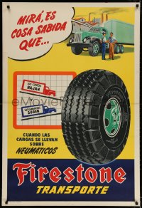2w306 FIRESTONE 1 tire truck yellow style 30x44 Argentinean advertising poster 1950s cool vintage art!
