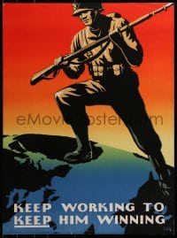 2w106 KEEP WORKING TO KEEP HIM WINNING 20x27 WWII war poster 1940s soldier over globe by Miller!