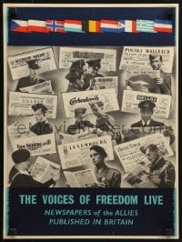2w140 VOICES OF FREEDOM LIVE 15x20 English WWII war poster 1940s newspapers from all over world!