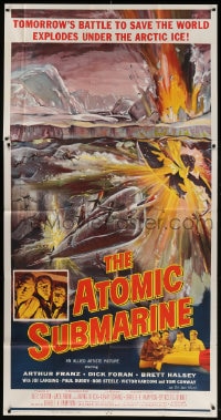 2x388 ATOMIC SUBMARINE 3sh 1959 cool Reynold Brown art, hell explodes under the Arctic Sea, rare!