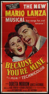 2x394 BECAUSE YOU'RE MINE 3sh 1952 enormous c/u art of singing Mario Lanza, songs, fun & romance!