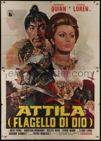 2x135 ATTILA Italian 2p R1970s Casaro art of The Hun, Anthony Quinn & sexy Sophia Loren!