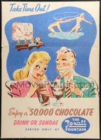 2z102 REXALL standee 1950s cool art of people in theater and more, $50,000 chocolate!