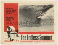3b428 ENDLESS SUMMER LC 1967 Bruce Brown, Robert August riding wave over Mike Hynson, surfing!