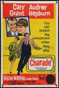 3c184 CHARADE Aust 1sh 1963 art of tough Cary Grant & sexy Audrey Hepburn, expect the unexpected!