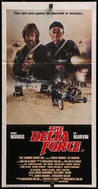 3c290 DELTA FORCE Aust daybill 1986 cool art of Chuck Norris & Lee Marvin firing guns by S. Watts!