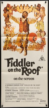 3c314 FIDDLER ON THE ROOF Aust daybill 1971 cool artwork of Topol & cast by Ted CoConis!