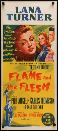 3c317 FLAME & THE FLESH Aust daybill 1954 art of sexy brunette bad girl Lana Turner, Pier Angeli!