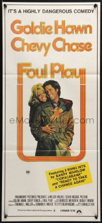 3c321 FOUL PLAY Aust daybill 1978 wacky Lettick art of Goldie Hawn & Chevy Chase, screwball comedy!