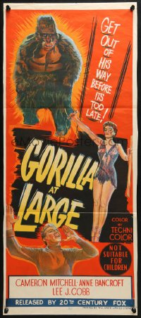 3c338 GORILLA AT LARGE Aust daybill 1954 hand litho art of giant ape & sexy Anne Bancroft!