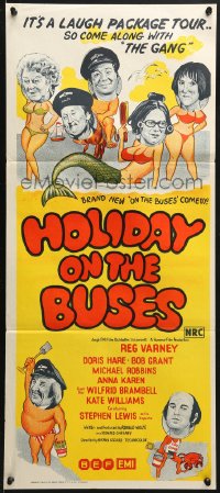 3c347 HOLIDAY ON THE BUSES Aust daybill 1973 English Hammer comedy, wacky artwork of cast!