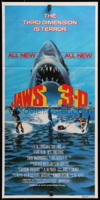 3c372 JAWS 3-D Aust daybill 1983 Gary Meyer shark artwork, the third dimension is terror!