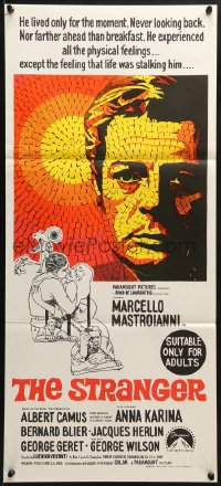 3c511 STRANGER Aust daybill 1968 Luchino Visconti's Lo Straniero, cool art of Mastroianni!