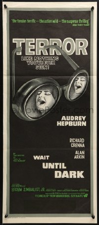 3c553 WAIT UNTIL DARK Aust daybill 1967 close up of blind Audrey Hepburn, who is terrorized by Alan Arkin!