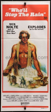 3c567 WHO'LL STOP THE RAIN Aust daybill 1978 art of barechested Nick Nolte by Lesser, Dog Soldiers!