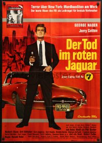 3c739 DEATH IN THE RED JAGUAR German 1968 cool art of George Nader with gun and great car!