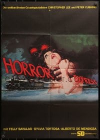 3c807 HORROR EXPRESS German 1973 Christopher Lee, cool horror art of girl strangled by monster!